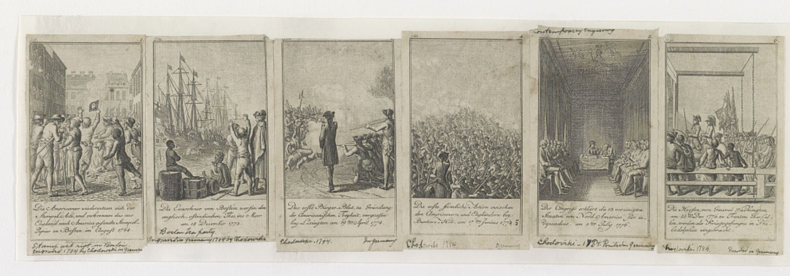 Daniel Chodowiecki, M. C Sprengel, and D Berger. Scenes from events and battles leading up to and during the American Revolution, 1783.
