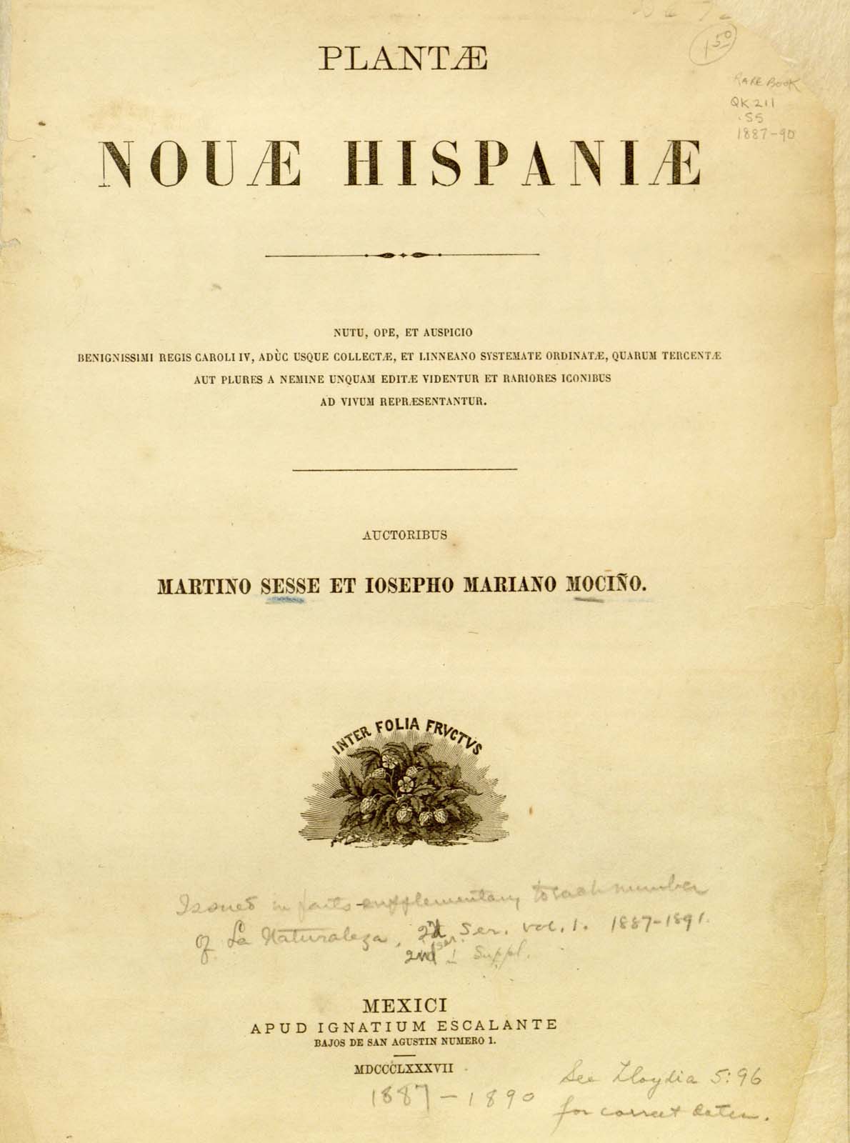 Martín Sessé y José Mariano Moziño. Plantae Novae Hispaniae :nutu, ope, et auspicio benignissimi regis Caroli IV, adùc usque collectae, et Linneano systemate ordinatae, quarum tercentae aut plures a nemine unquam editae videntur et rariores iconibus ad vivum repraesentantur.